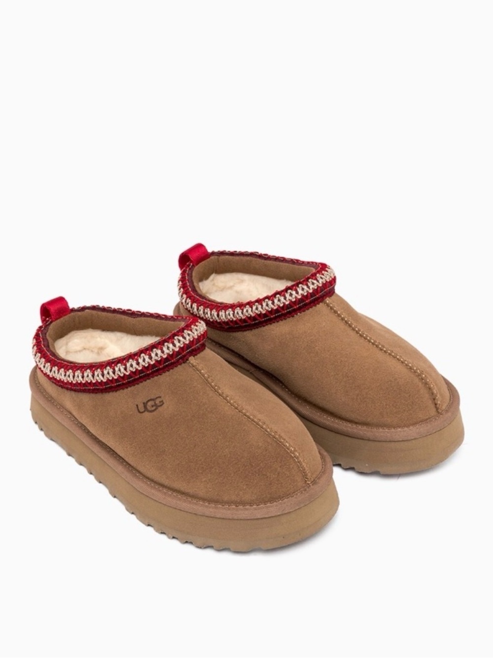 UGG Kids Chestnut Slip-On Slippers with Red Trim